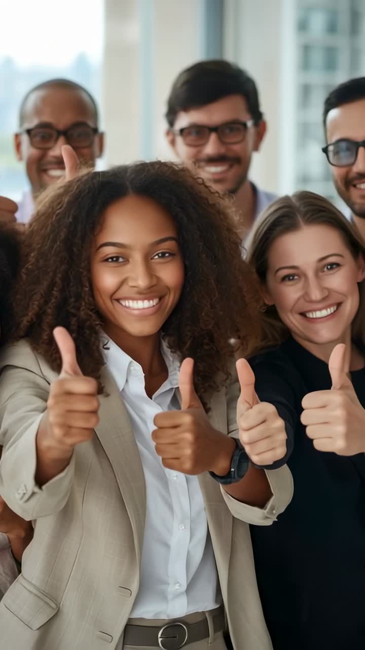 Vertical video: Stepping office team leaning and raising thumbs-up in glass office showing support