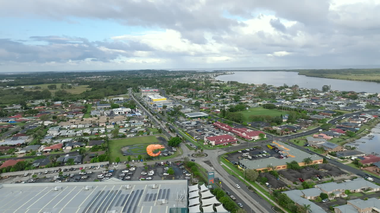 Drone circling high up around the Big Prawn Statue in Ballina Australia