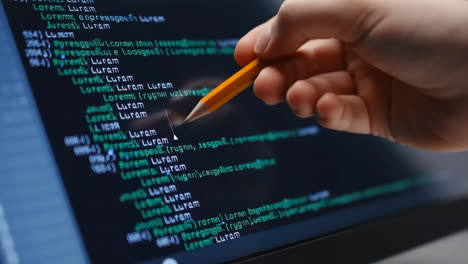 computer code on a screen being pointed at with a pencil