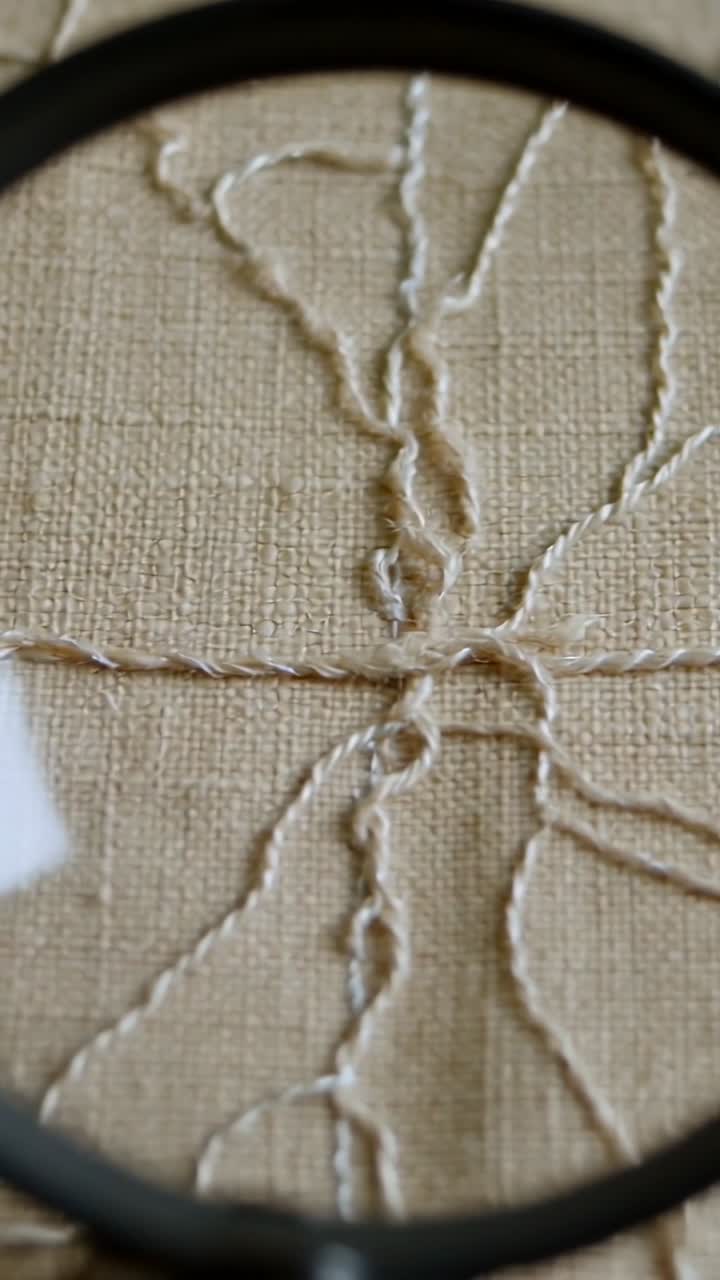 Vertical video: Moving dark-rim magnifier showing linen threads, knot on table with white paper