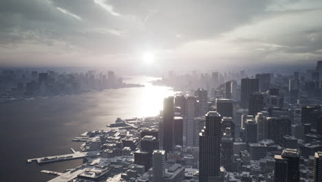 skyline aerial view at sunset with skyscrapers