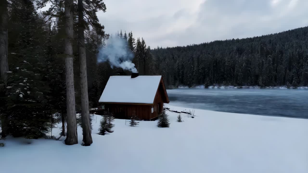 Chalet d'hiver au bord d'un lac gelé