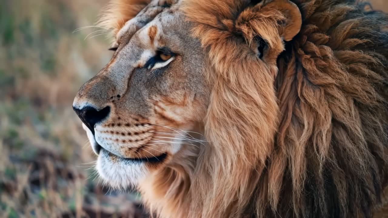 Close-up video of a majestic lion in profile, showcasing its detailed mane and intense gaze