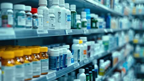 pharmacy shelves with medications