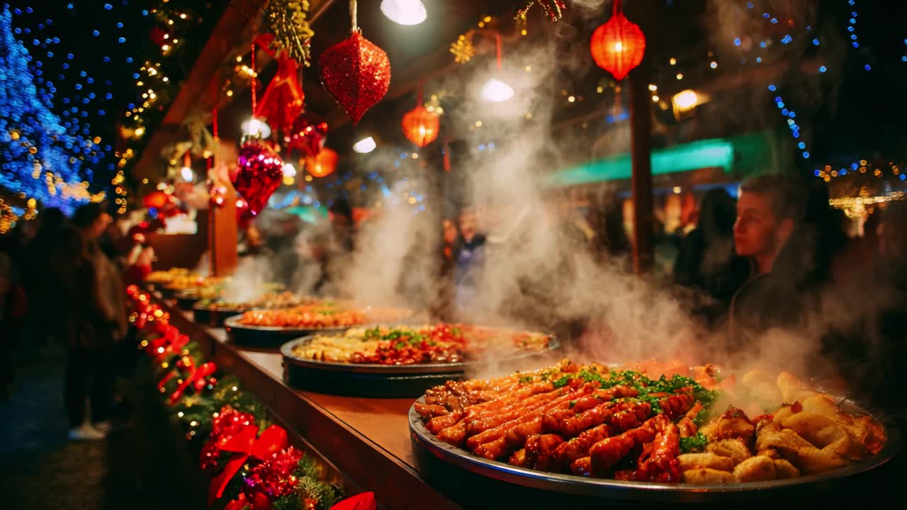 A Vibrant Food Stall at a Festive Market, Offering a Colorful Array of Delicious Dishes Amidst Twinkling Lights and Seasonal Decorations, Creating a Magical Ambience for Visitors
