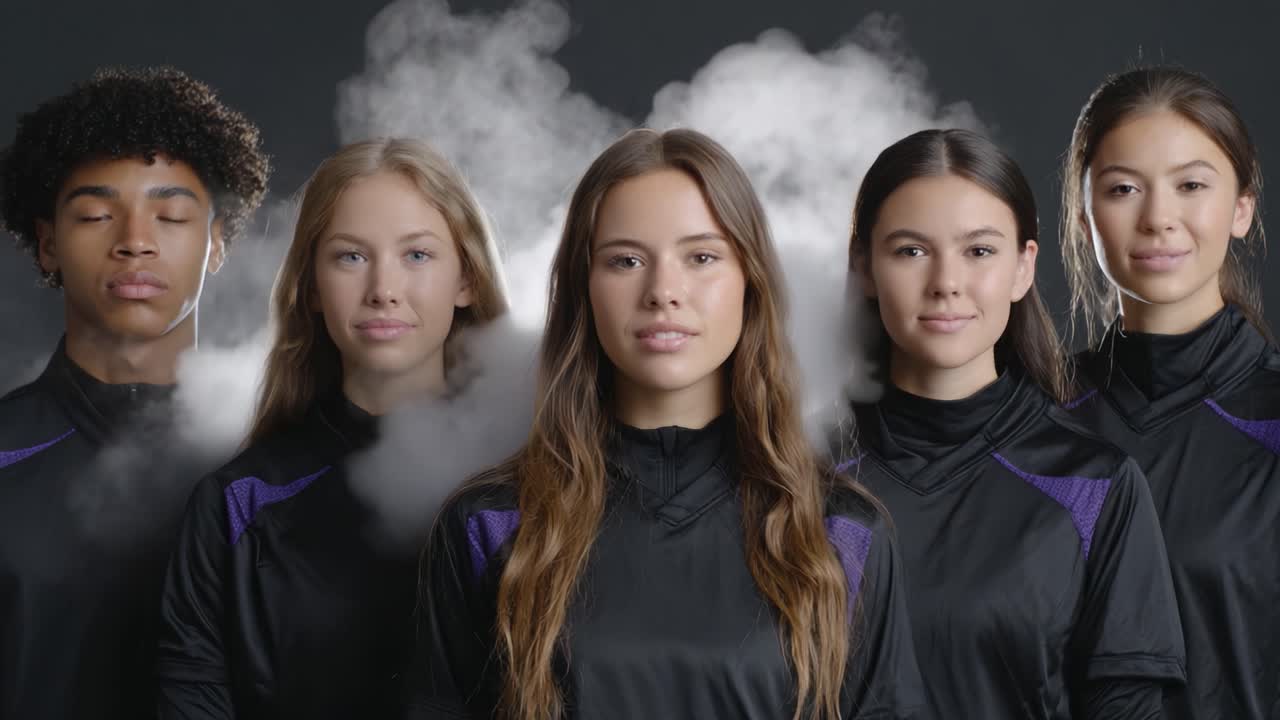 A Powerful Lineup of Young Athletes in Stylish Black Apparel Captured Against a Misty Background, Showcasing Team Spirit and Determination for Success