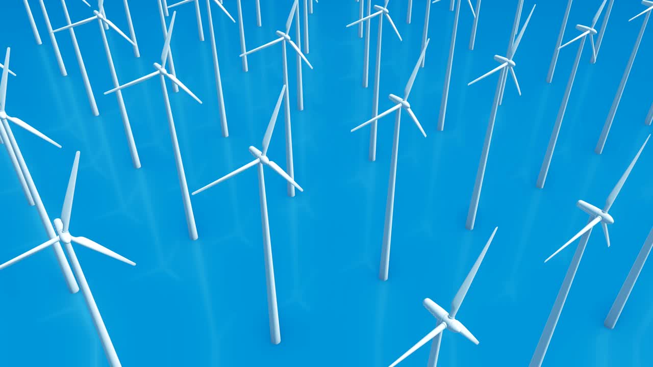 파란색 배경에 고립 된 풍력 터빈을 작업하는 다채로운 만화, 에너지 저장 시스템의 창의적 미니멀리즘 개념, 루프 가능한 디지털 3d 애니메이션.