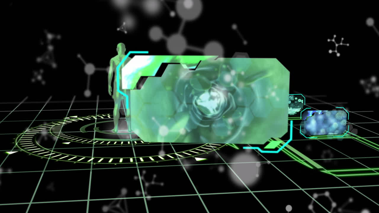 검은 바탕에 둥근 스캐너를 통해 인체 모델 위에 떠다니는 분자 구조