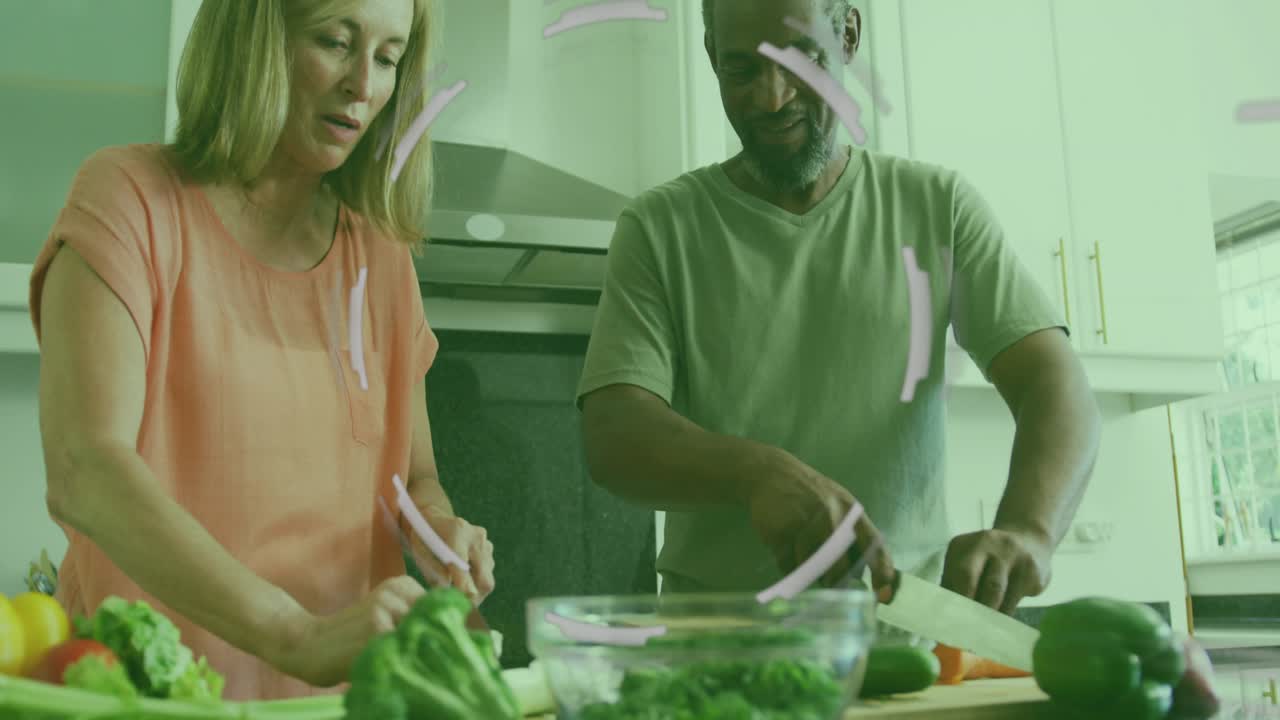 Couple chopping vegetables on counter, HUD fading in showing rotating house blueprint for planning