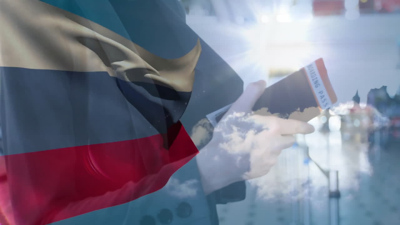 Holding passport over flag, hands in airport terminal with animation backdrop