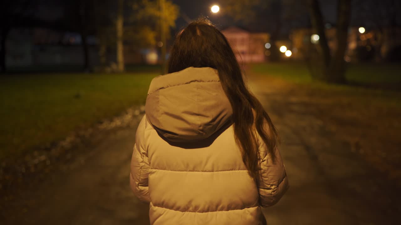 una mujer solitaria con un abrigo cálido caminando por un sendero vacío iluminado por linternas por la noche
