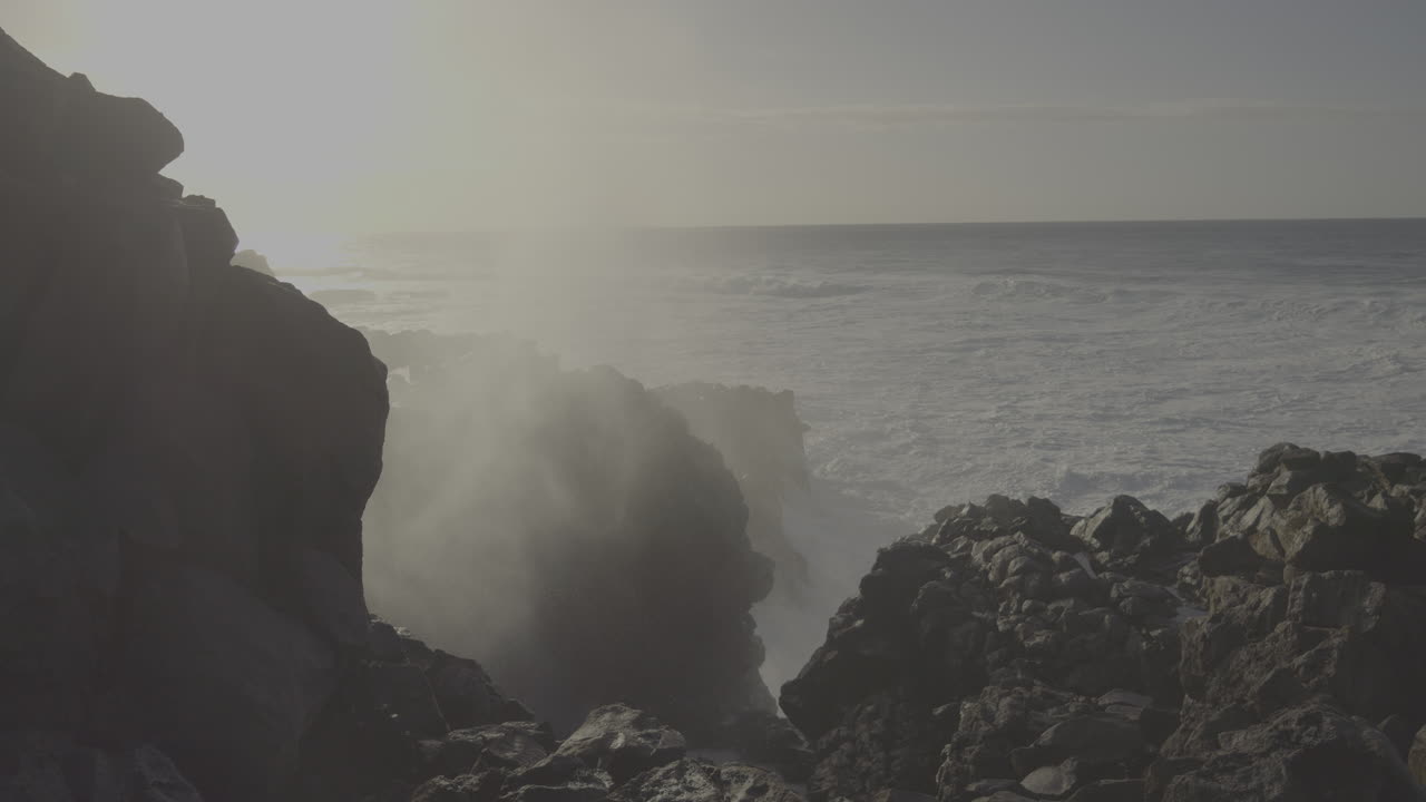 Ocean Waves Crashing on Volcanic Rocks at Sunset