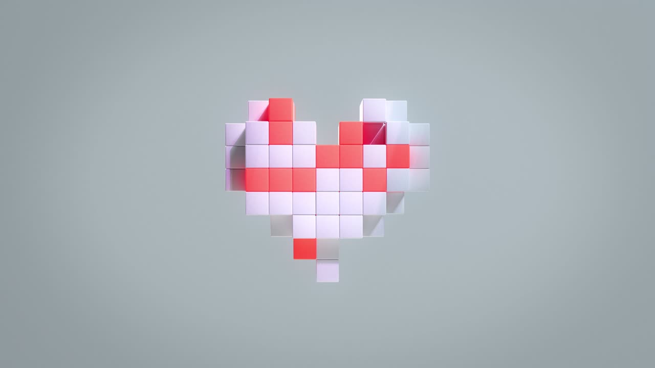 красное и белое пиксельное сердце из динамических 3d-блоков. концепция дня святого валентина. лучшее для свадьбы, годовщины, дня матери, брака, потоковой передачи. романтический фон. беспрепятственная петля с люма-матом
