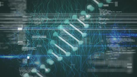 Animation-of-dna-strand-and-data-processing-over-black-background