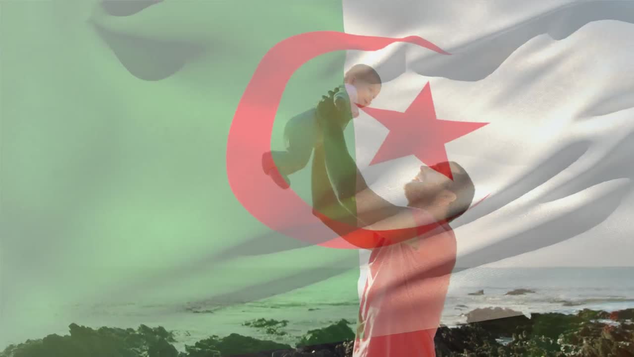 Animazione della bandiera dell'Algeria su un uomo caucasico con neonato in spiaggia