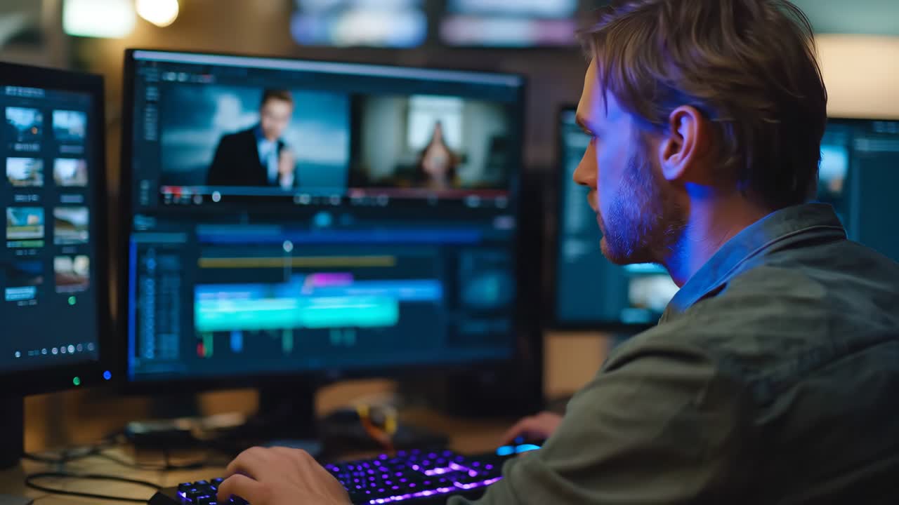 man editing video footage on computer screens