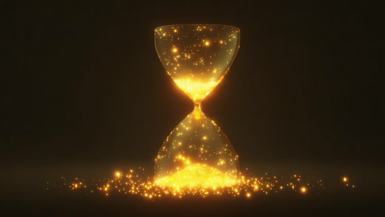 Captivating Visual of a Sparkling Hourglass: A Symbol of Time's Passage Illuminated by Golden Particles, Evoking Reflection and the Beauty of Temporal Moments