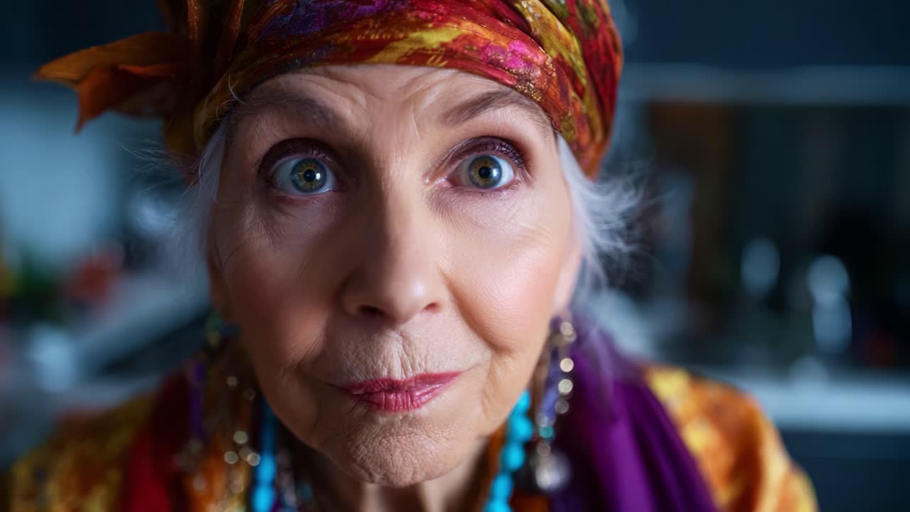 Donna stupita con foulard colorato e gioielli catturata in due immagini che mostrano sorpresa e profondità emotiva in un ambiente domestico