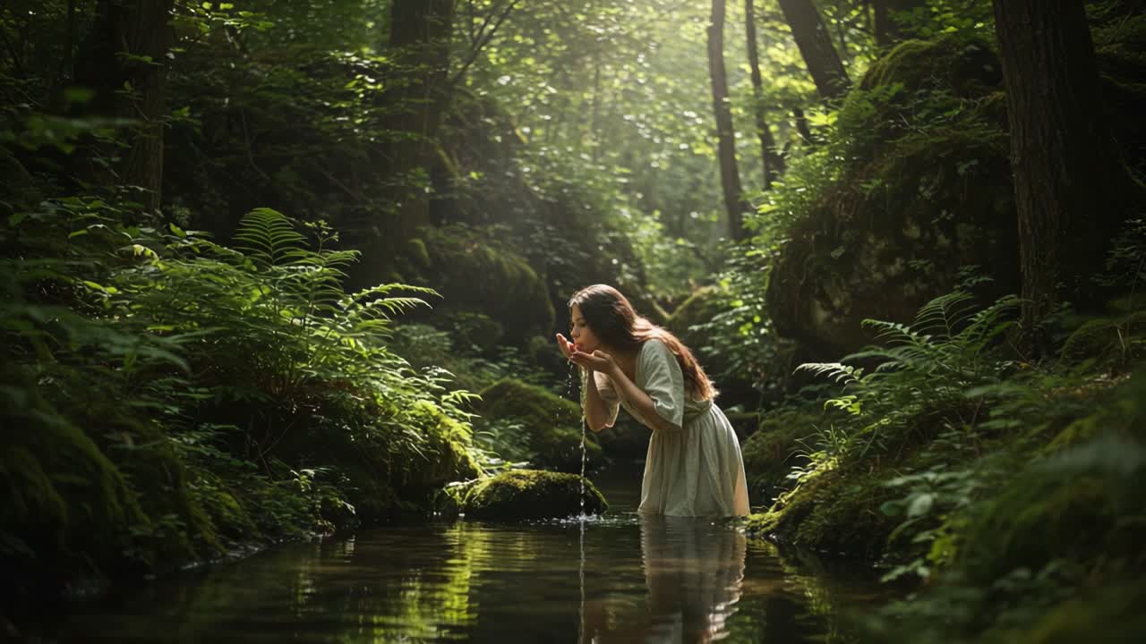 A Serene Moment in Nature: A Young Woman in a White Dress Engages with a Tranquil Stream Surrounded by Lush Greenery and Gentle Sunlight Filtering Through Trees
