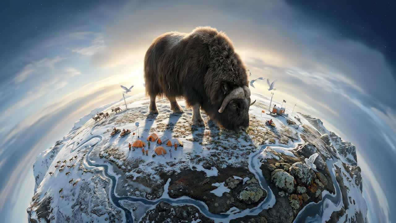 Kæmpe moskusokse på en miniature snedækket arktisk planet
