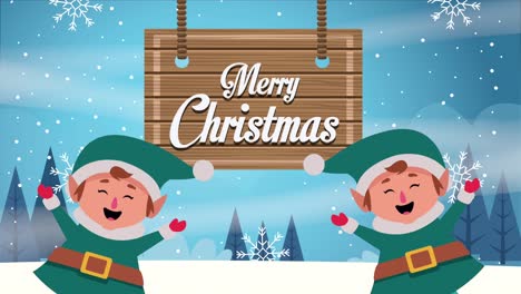 happy merry christmas card with elfs characters and wooden label