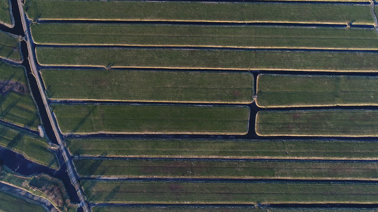 vista aérea del vasto campo verde con zanjas congeladas durante el invierno en stolwijk en krimpenerwaard, países bajos