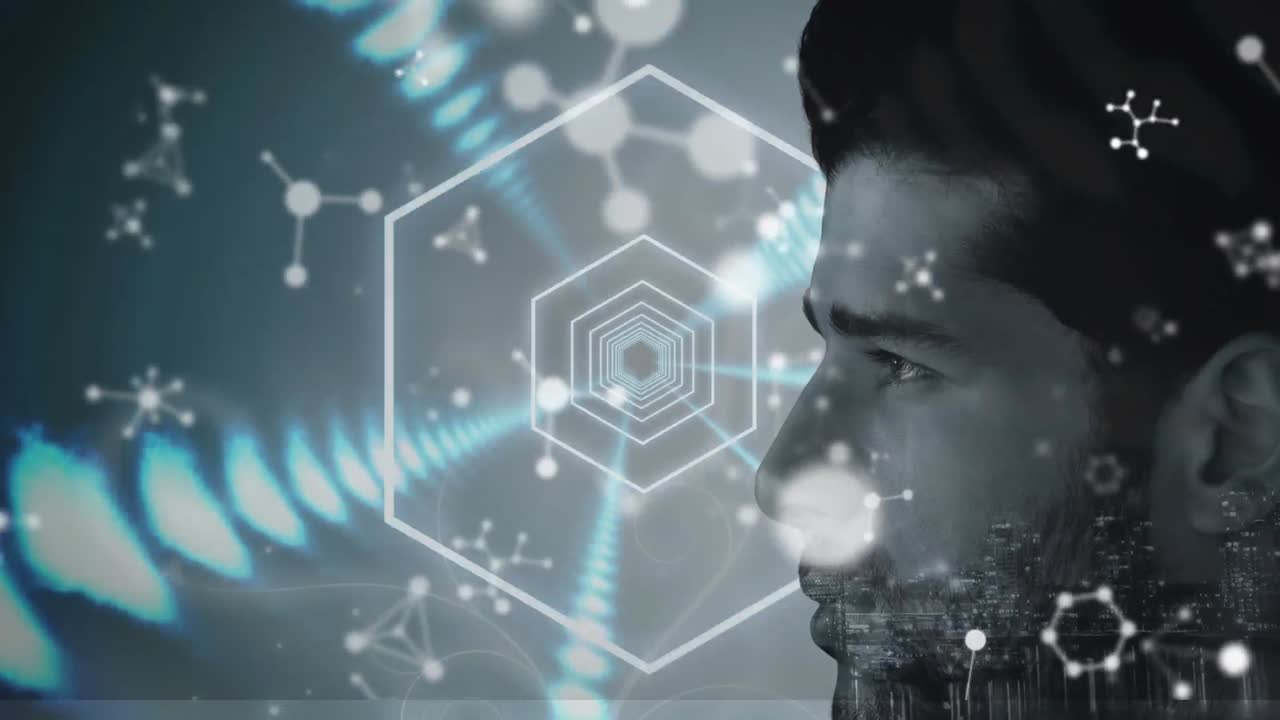 네온 디지털 터널 위에서 떠다니는 분자 구조물