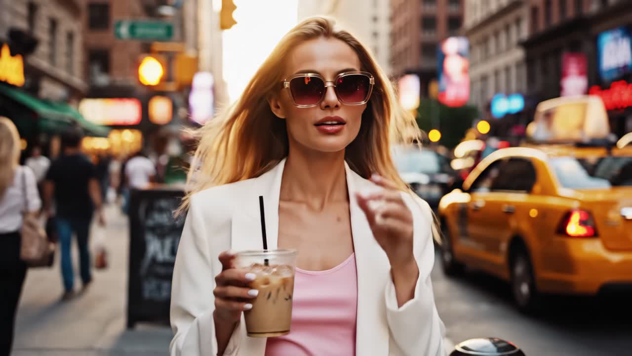 Woman drinking iced coffee on a city street