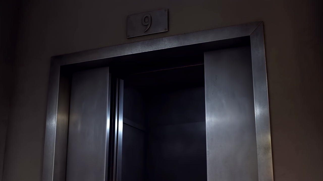 Metal Elevator Doors Opening Dimly Lit Hallway, Ninth Floor Plaque Above Frame, Slow Parting Of Steel Panels