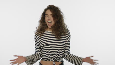 excited woman screaming on white background. happy woman celebrating victory