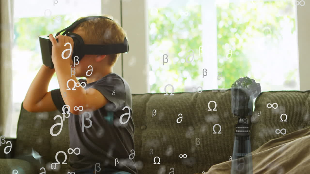 로 ⁇ 의 팔 위에서 변하는 기호의 애니메이션과 배경에 vr 헤드 ⁇ 을 착용한 소년