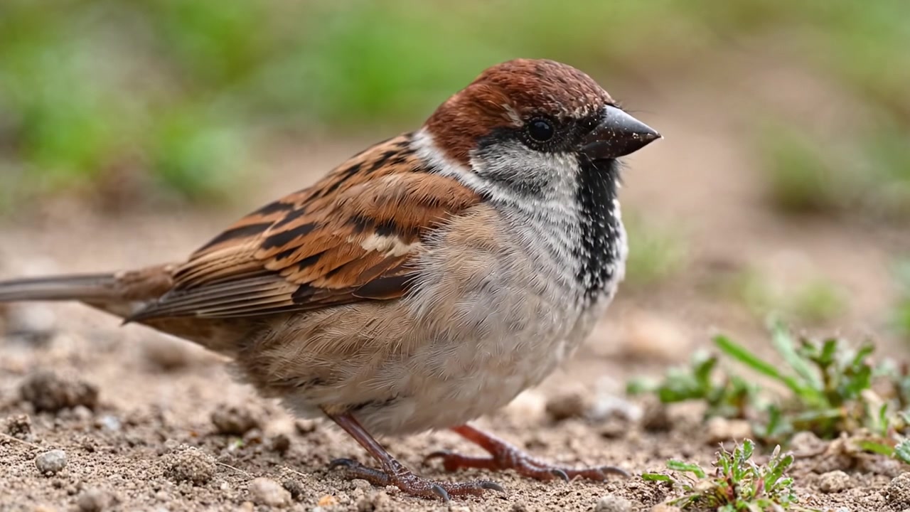 Nærbilleder af en skovspurv fanget i dens naturlige habitat, der viser dens karakteristiske fjerdragt og nysgerrige adfærd i et havemiljø.