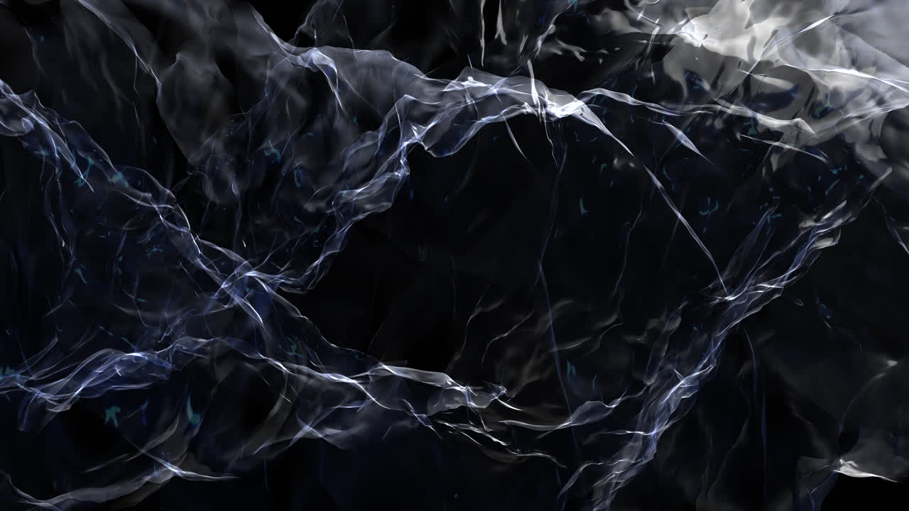 Dark abstract of flowing translucent glass like waves forming dynamic lines and folds on a black background, ideal as a modern atmospheric backdrop for titles, presentations or technology projects