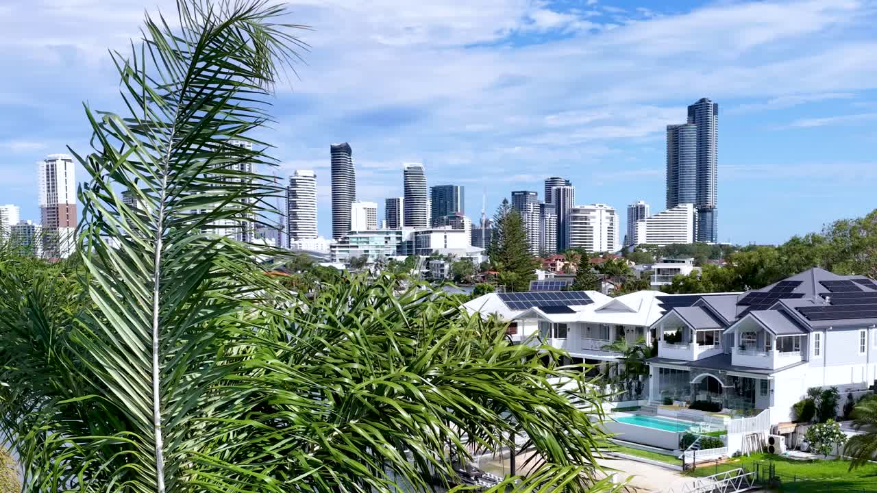 Daytime pan reveals modern canal homes, palm trees, and city skyline under bright, natural light