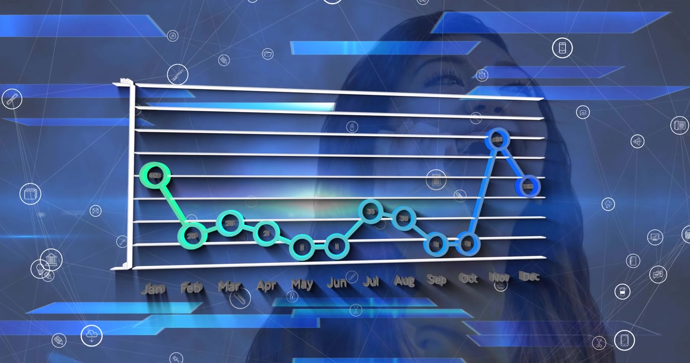 Animation of data processing and network of connections over asian woman