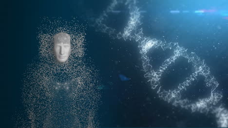 cadena de adn 3d y cuerpo humano en movimiento