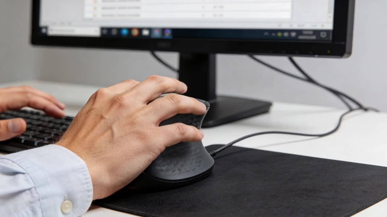 Adjusting right hand in blue shirt cuff, responding to app window, scrolling vertical mouse at desk