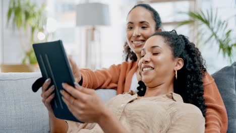 Lesbian,-couple-and-women-relax-with-tablet