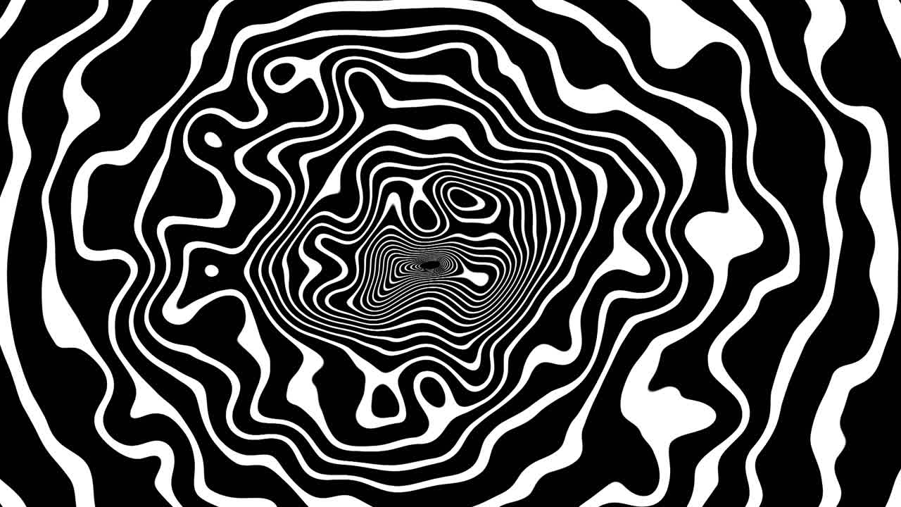 Loopable Turbulent Animation: Abstract Black and White Swirling Lines Creating a Dynamic Vortex Effect, Seamlessly Looping Motion Background