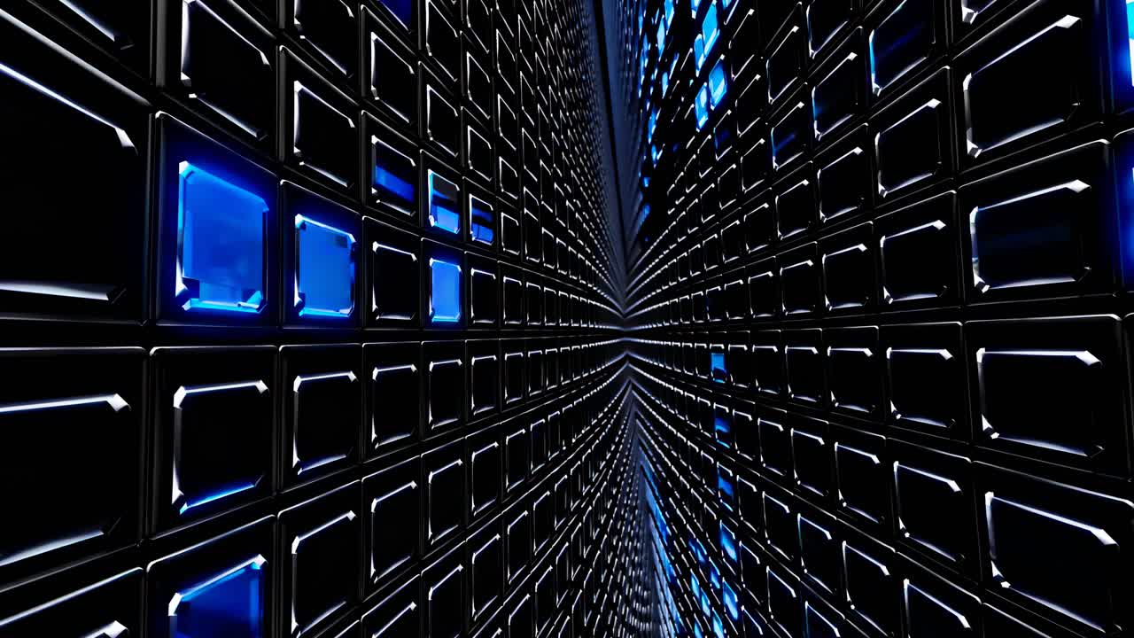 Abstract Futuristic Tunnel with Glowing Blue Squares