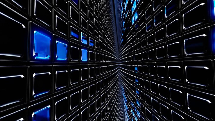 Abstract Futuristic Tunnel with Glowing Blue Squares