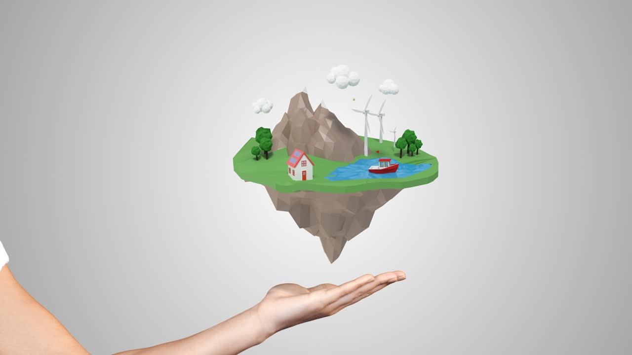 mano que muestra aviones viajando alrededor de la isla flotante