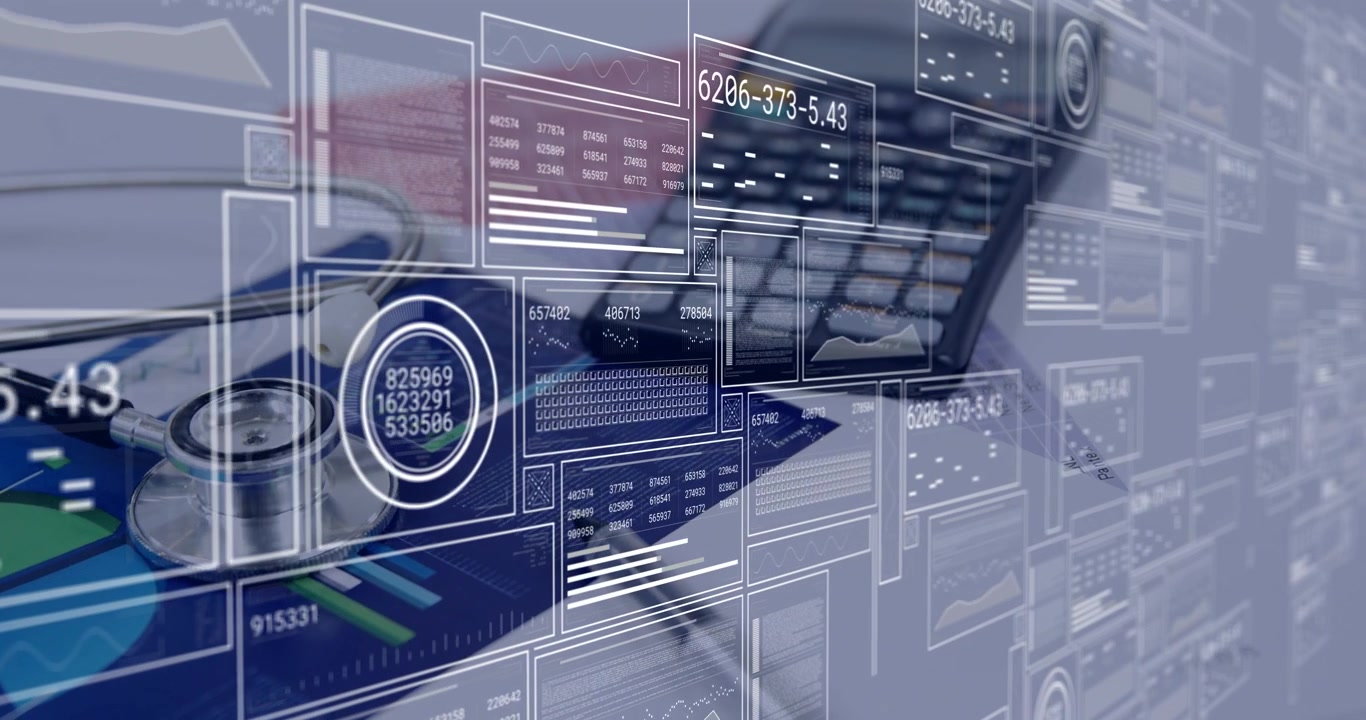 HUD panels appearing from left and sliding over stethoscope, revealing charts to visualize finance