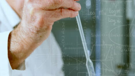 holding pipette, scientist working with chemical formulas animation overlaid