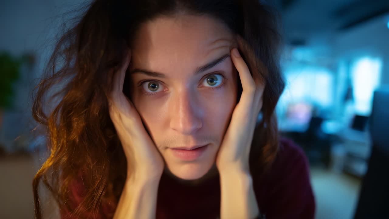 A Woman with Frustration and Concern: Captured Moments of Stress and Reflection in an Intimate Indoor Setting, Expressing Deep Emotional Turmoil and Pensive Thoughts