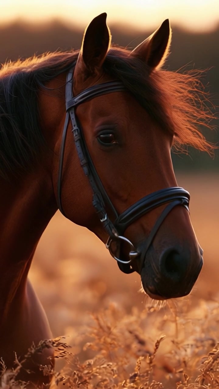 Un cavallo maestoso con una criniera folta illuminato dalla luce dorata del sole, che mostra la sua forza e grazia in un sereno ambiente naturale.