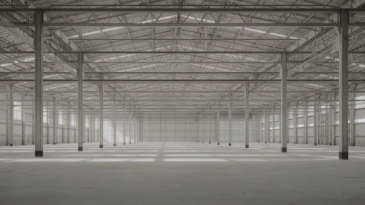 Luce solare che filtra attraverso i lucernari, rivelando un magazzino vuoto in un grande salone, con colonne in acciaio