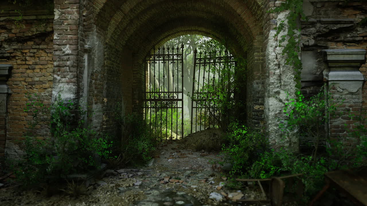 Rusty iron gate leads inward overgrown archway opens to lush outdoors