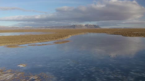 calm water with reflections surrounded by autumnal fields in iceland near selfoss