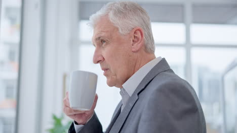 business man, boss and thinking with coffee